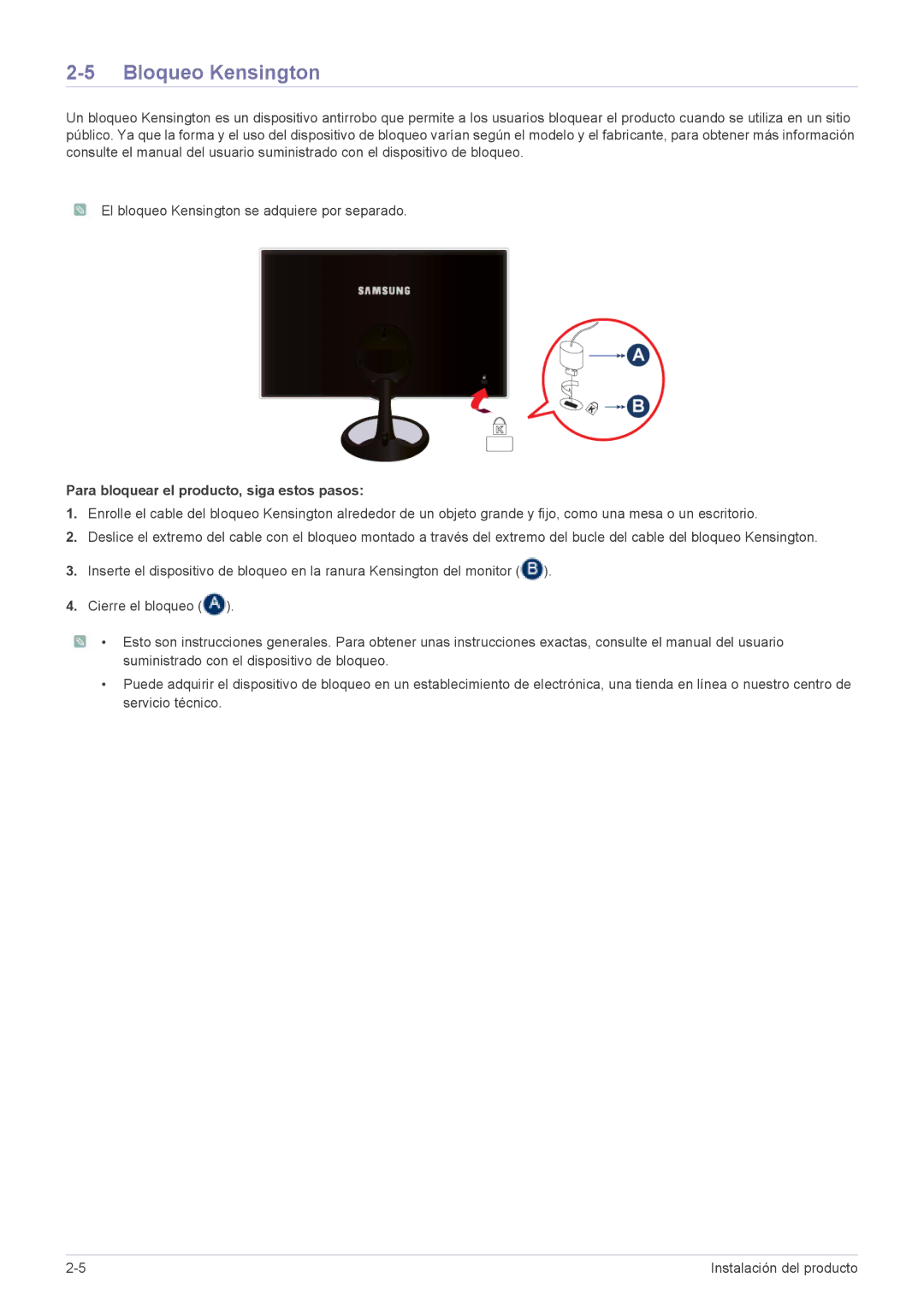 Samsung LS27A550HS/ZN, LS23A550HS/EN, LS27A550HS/EN manual Bloqueo Kensington, Para bloquear el producto, siga estos pasos 