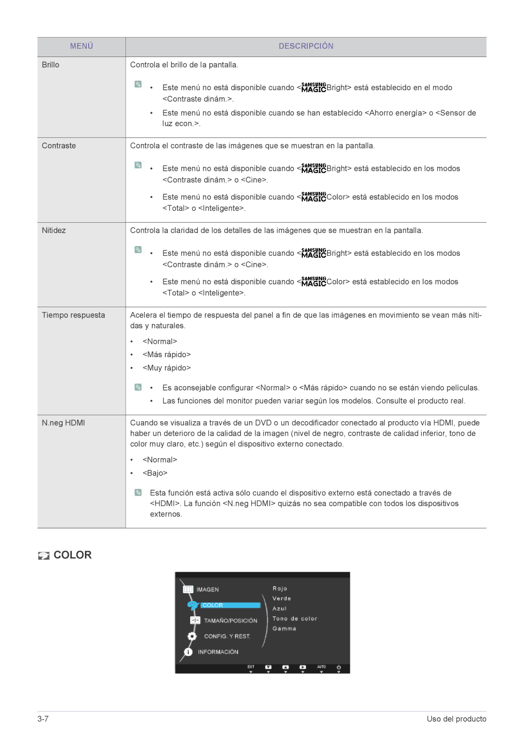 Samsung LS23A550HS/EN, LS27A550HS/ZN, LS27A550HS/EN, LS23A550HS/ZN manual Color, Brillo Controla el brillo de la pantalla 