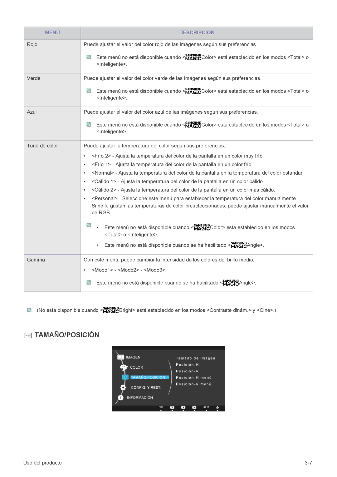 Samsung LS27A550HS/EN, LS27A550HS/ZN, LS23A550HS/EN, LS23A550HS/ZN manual Tamaño/Posición 