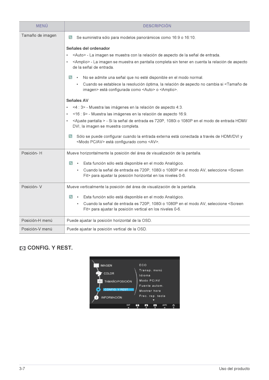 Samsung LS23A550HS/ZN, LS27A550HS/ZN, LS23A550HS/EN, LS27A550HS/EN manual CONFIG. Y Rest, Señales AV 