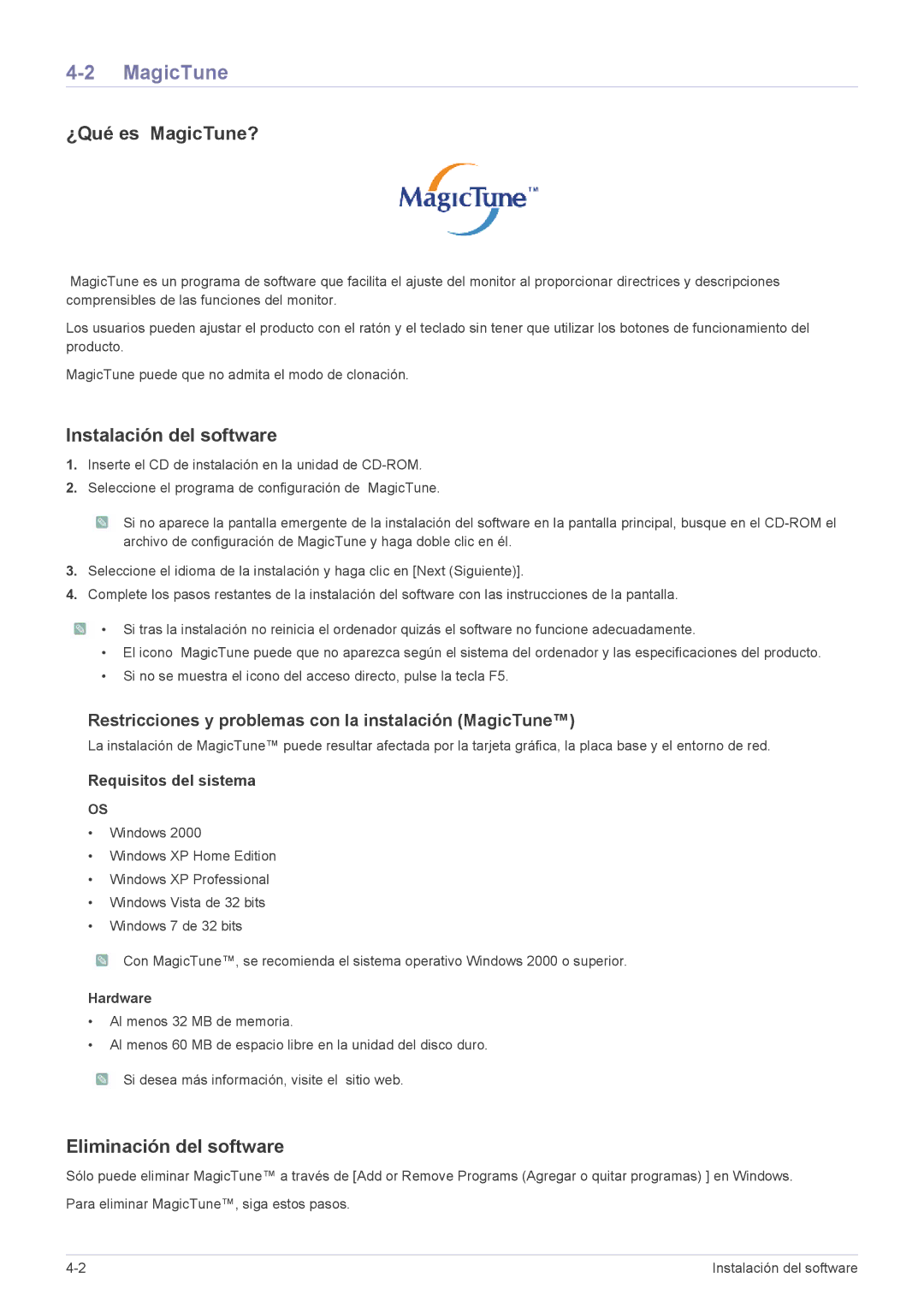 Samsung LS27A550HS/EN, LS27A550HS/ZN ¿Qué es MagicTune?, Instalación del software, Eliminación del software, Hardware 