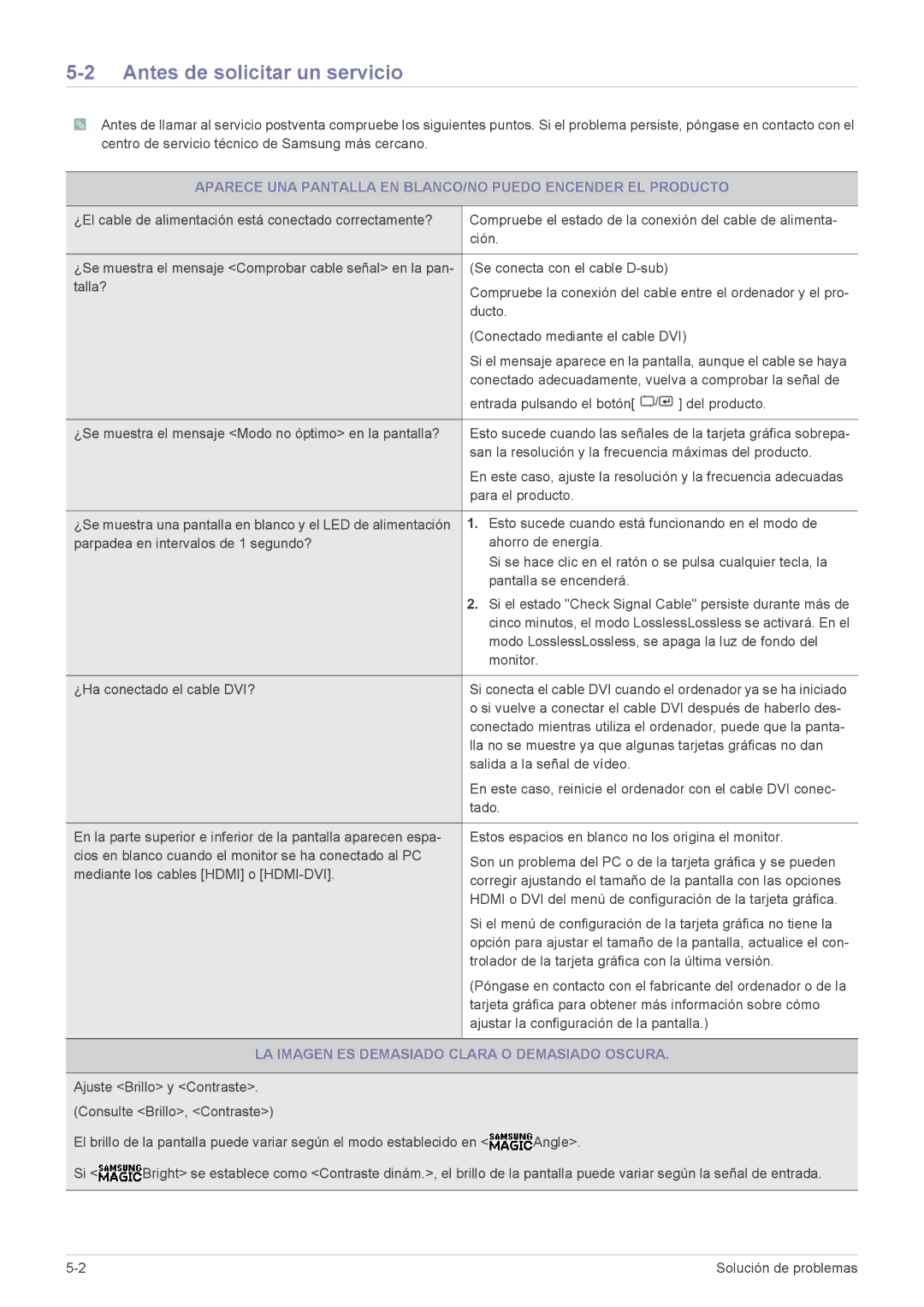 Samsung LS27A550HS/EN, LS27A550HS/ZN manual Antes de solicitar un servicio, LA Imagen ES Demasiado Clara O Demasiado Oscura 