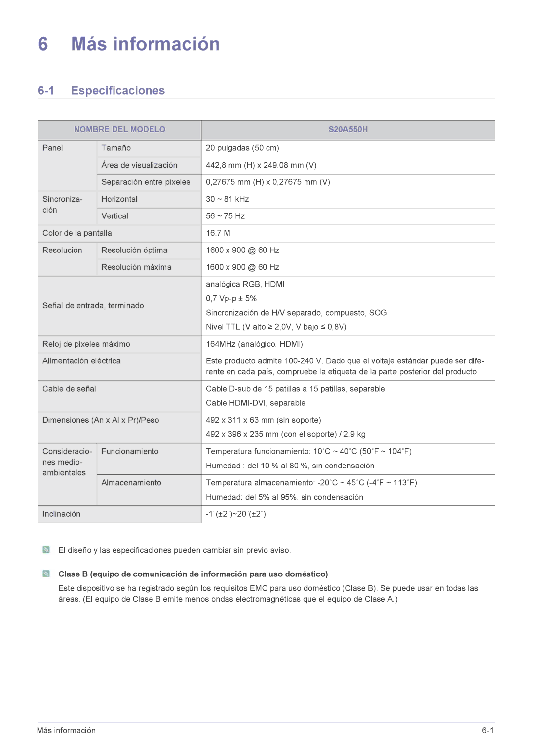 Samsung LS23A550HS/ZN, LS27A550HS/ZN, LS23A550HS/EN, LS27A550HS/EN manual Más información, Especificaciones, Nombre DEL Modelo 