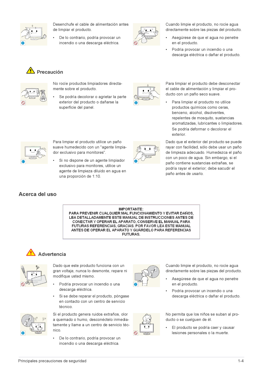 Samsung LS23A550HS/EN, LS27A550HS/ZN, LS27A550HS/EN manual Acerca del uso, Asegúrese de que el agua no penetre en el producto 