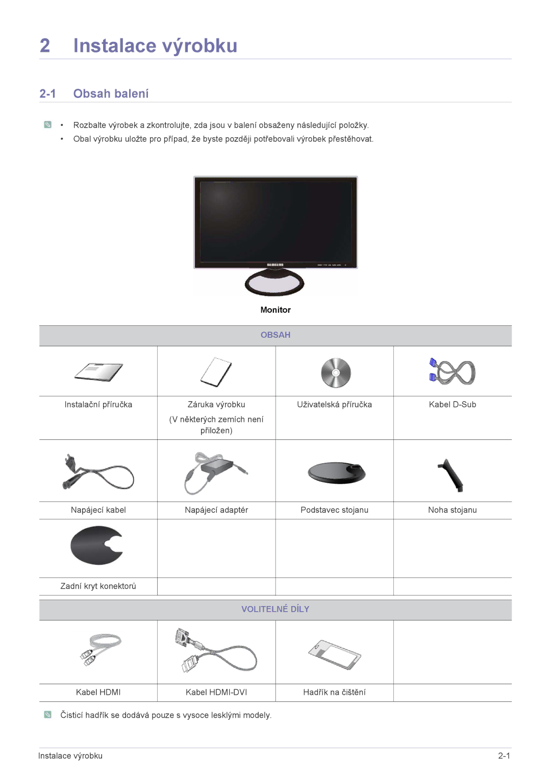 Samsung LS23A550HS/EN, LS27A550HS/ZN, LS27A550HS/EN, LS23A550HS/ZN manual Instalace výrobku, Obsah balení, Volitelné Díly 