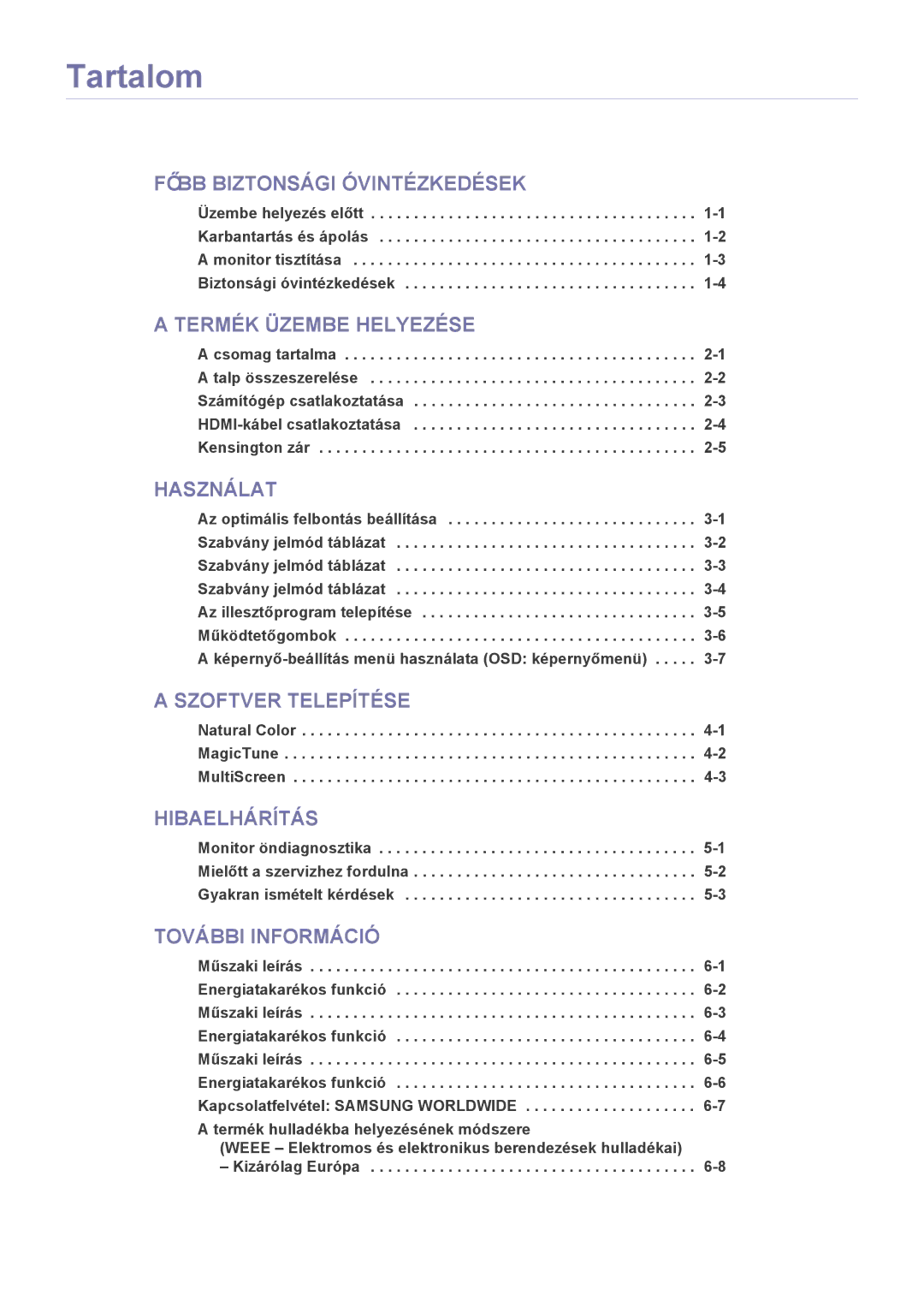 Samsung LS27A550HS/EN, LS27A550HS/ZN, LS23A550HS/EN, LS23A550HS/ZN manual Tartalom, Főbb Biztonsági Óvintézkedések 