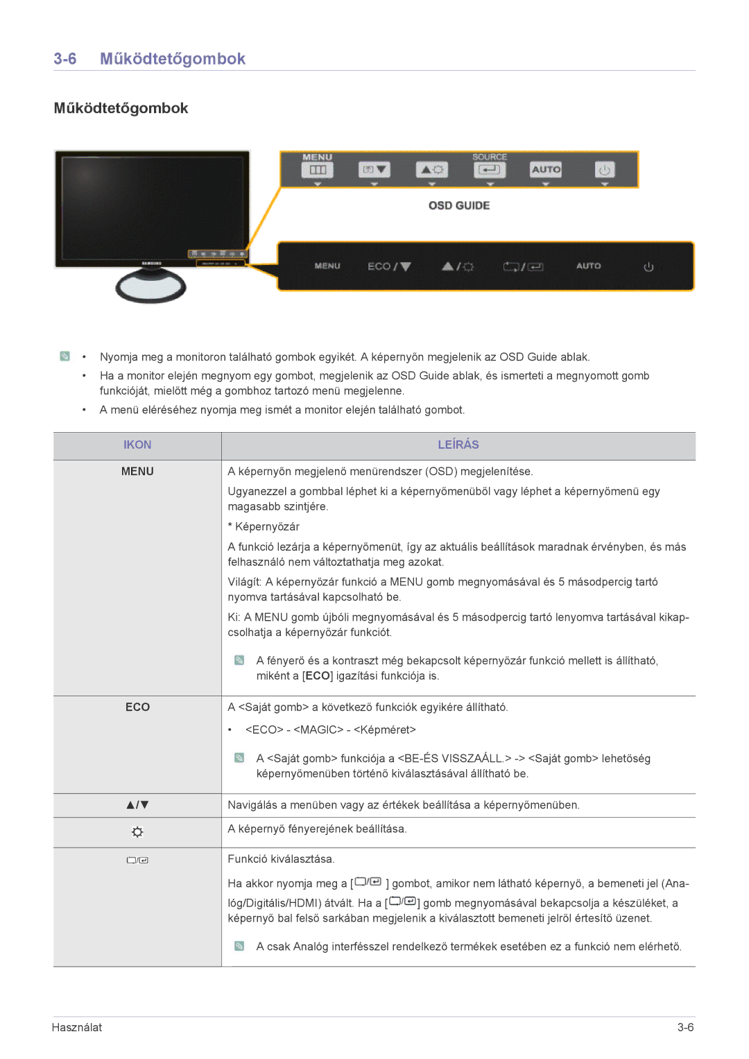 Samsung LS23A550HS/EN, LS27A550HS/ZN, LS27A550HS/EN, LS23A550HS/ZN manual Működtetőgombok, Ikon Leírás 