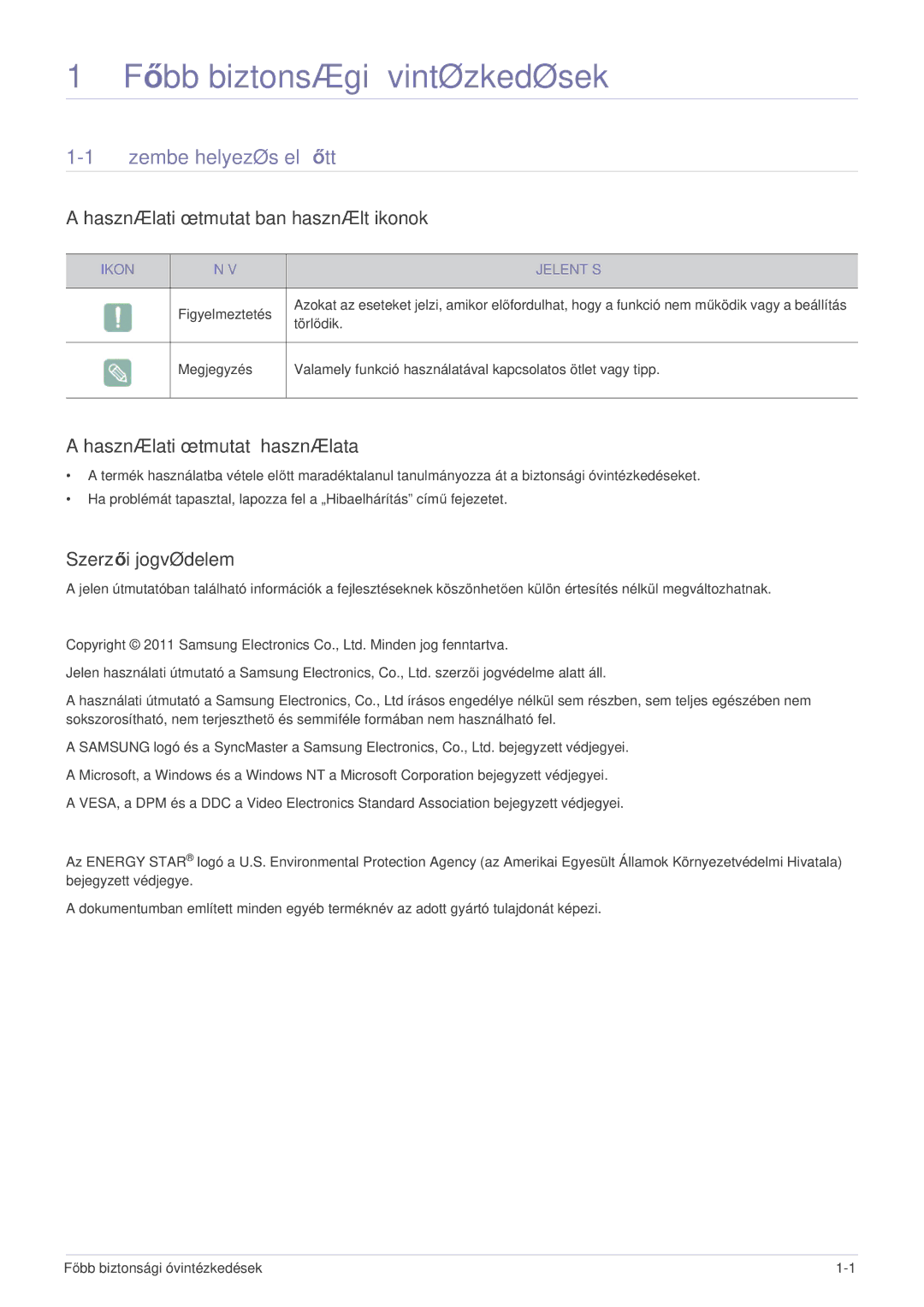 Samsung LS23A550HS/ZN manual Főbb biztonsági óvintézkedések, Üzembe helyezés előtt, Használati útmutatóban használt ikonok 