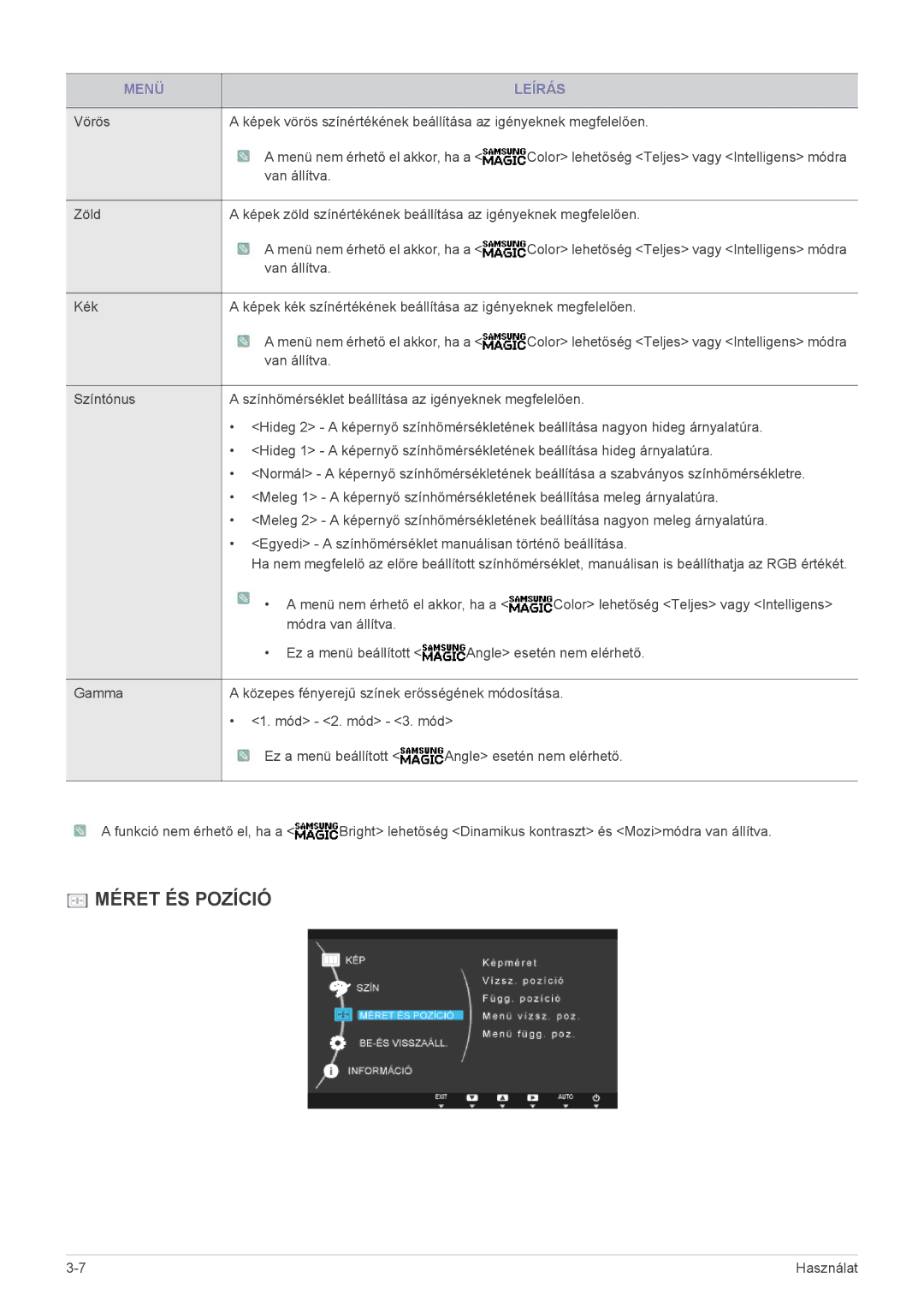 Samsung LS23A550HS/ZN, LS27A550HS/ZN, LS23A550HS/EN, LS27A550HS/EN manual Méret ÉS Pozíció 