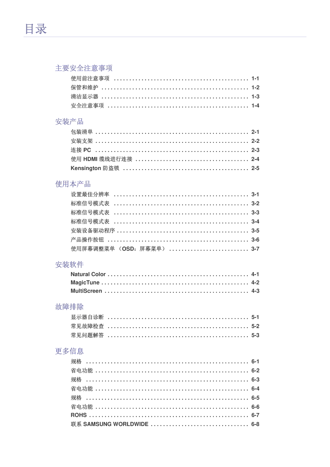 Samsung LS27A550HS/EN, LS27A550HS/ZN, LS23A550HS/EN, LS23A550HS/ZN manual 主要安全注意事项, 安装产品, 使用本产品, 安装软件, 故障排除, 更多信息 