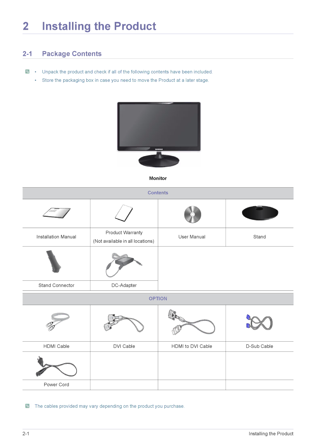 Samsung LS27A550HS/NG, LS27A550HS/ZN, LS24A350HS/EN, LS27A350HS/EN, LS27A550HS/EN Installing the Product, Package Contents 