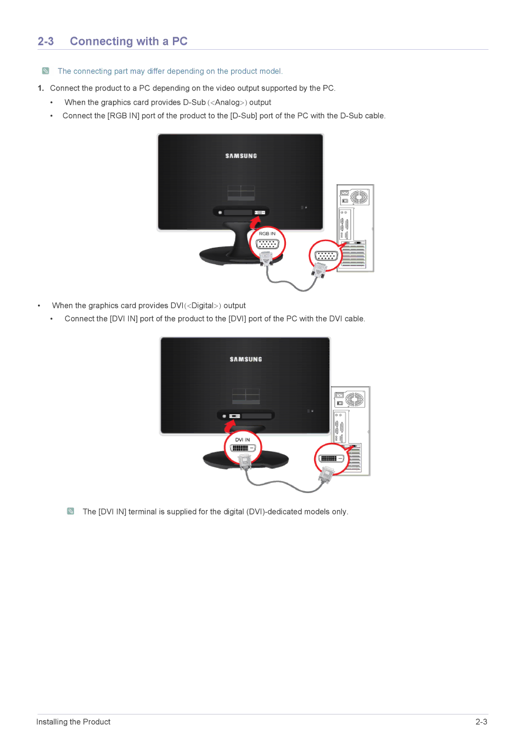 Samsung LS24A350HS/NG, LS27A550HS/ZN manual Connecting with a PC, Connecting part may differ depending on the product model 