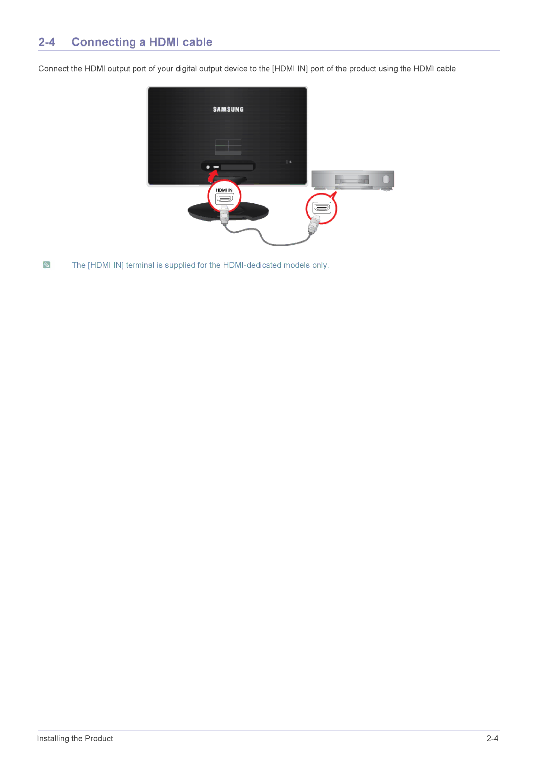 Samsung LS23A350BS/NG, LS27A550HS/ZN, LS24A350HS/EN, LS27A350HS/EN, LS27A550HS/EN, LS23A350HS/EN manual Connecting a Hdmi cable 