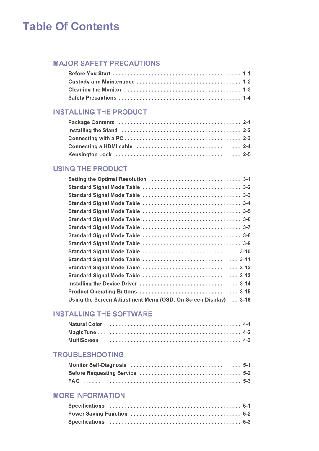 Samsung LS27A350HS/EN, LS27A550HS/ZN, LS24A350HS/EN, LS27A550HS/EN, LS23A350HS/EN, LS22A350HS/EN manual Table Of Contents 