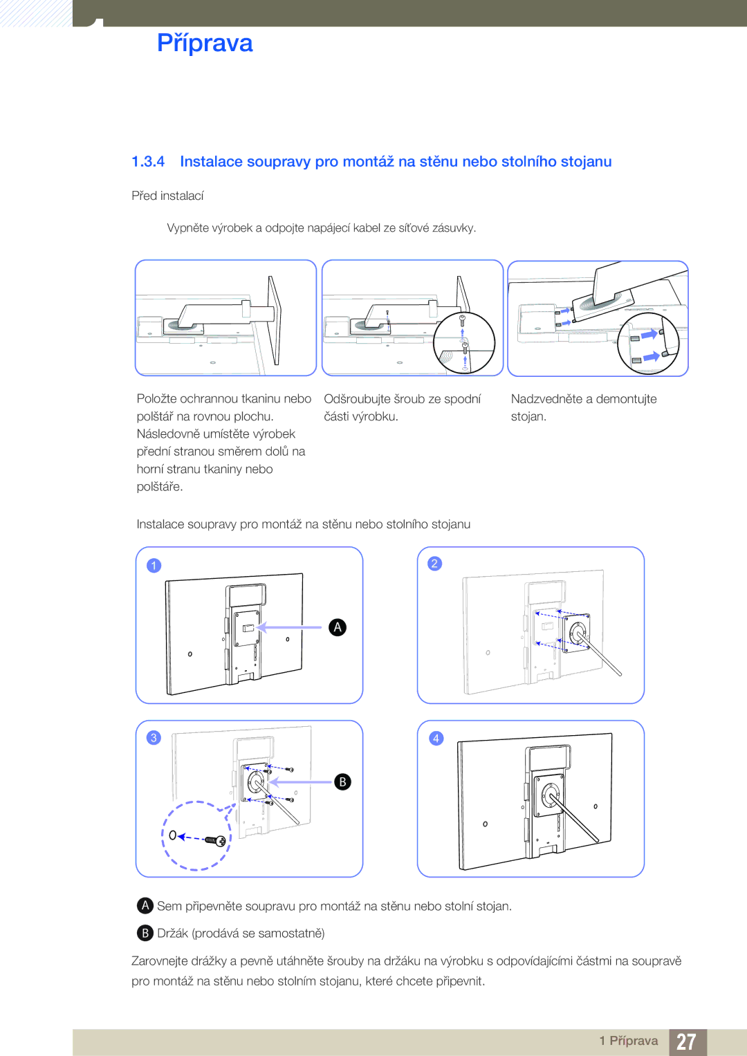 Samsung LS27A650DE/EN, LS27A650DS/EN, LS24A650DS/EN manual Instalace soupravy pro montáž na stěnu nebo stolního stojanu 