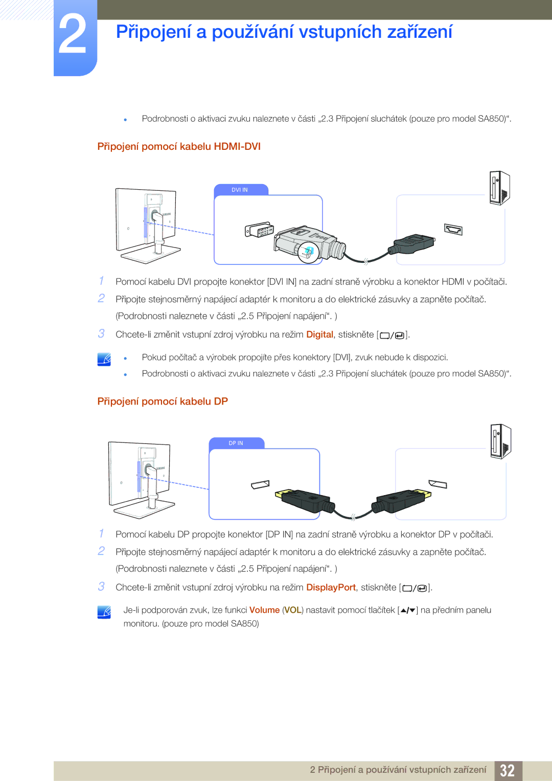 Samsung LS27A650DS/EN, LS24A650DS/EN, LS24A850DW/EN manual Připojení pomocí kabelu HDMI-DVI, Připojení pomocí kabelu DP 