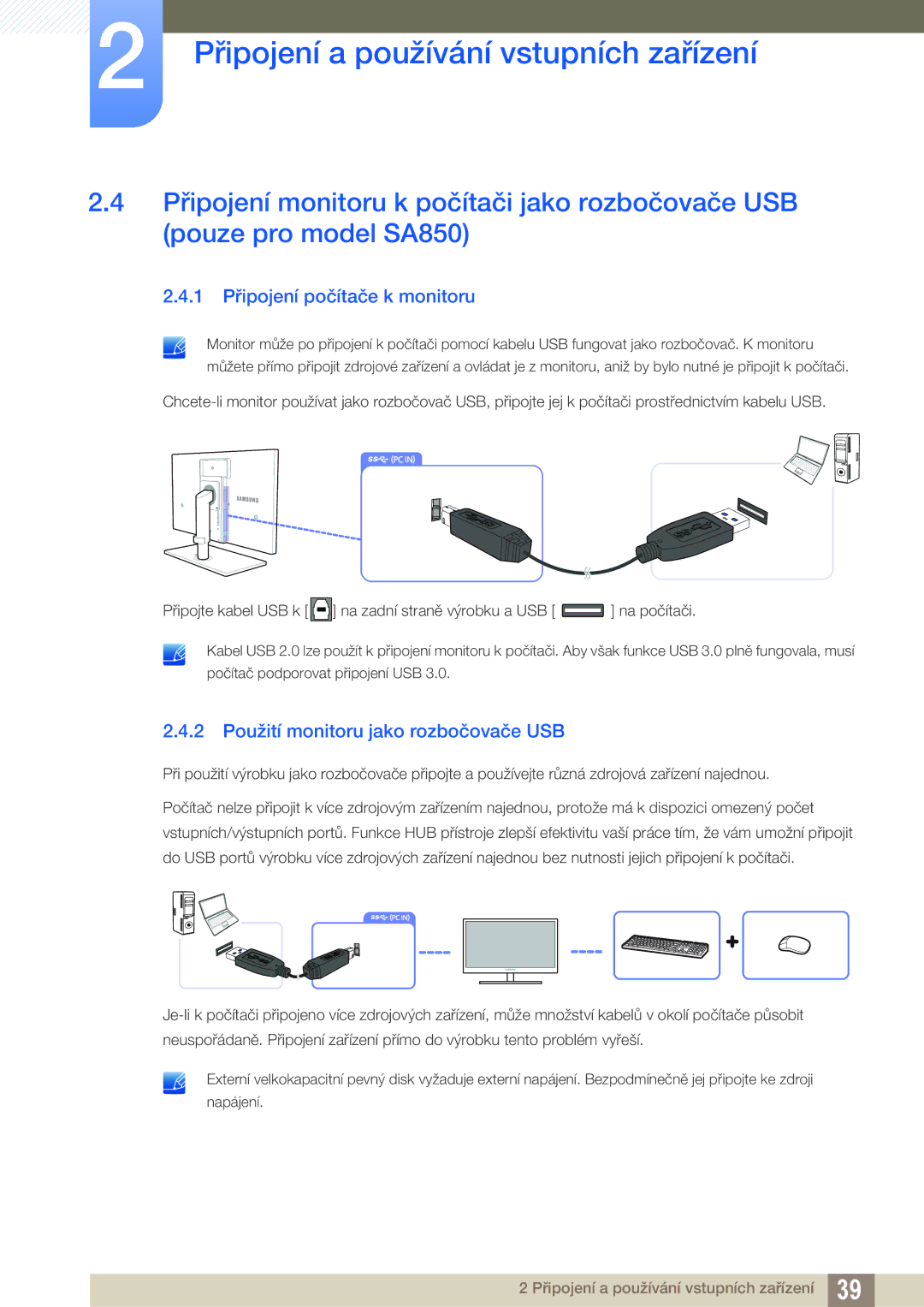 Samsung LS27A650DE/EN, LS27A650DS/EN manual 1 Připojení počítače k monitoru, 2 Použití monitoru jako rozbočovače USB 