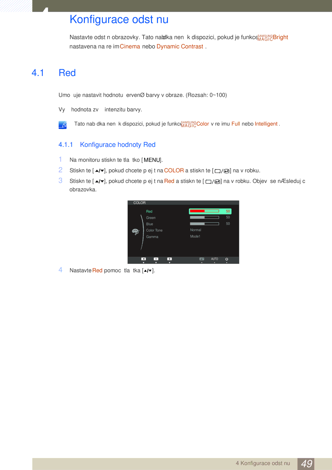 Samsung LS24A650DS/EN, LS27A650DS/EN, LS24A850DW/EN, LS27A650DE/EN manual Konfigurace odstínu, Konfigurace hodnoty Red 