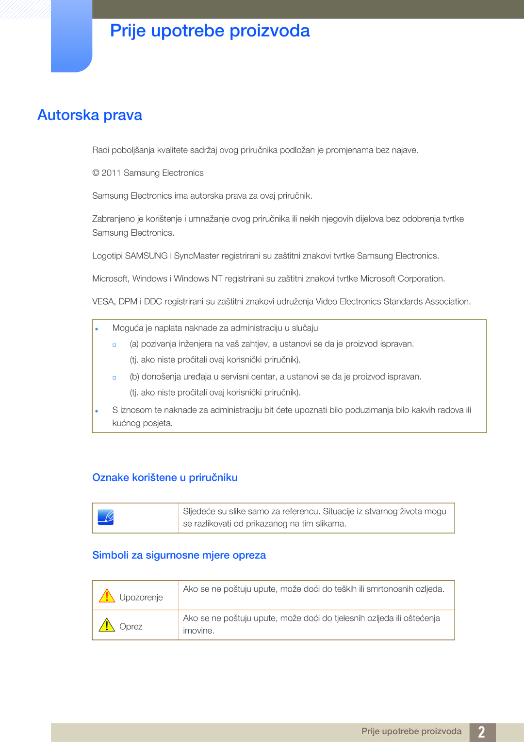 Samsung LS24A850DW/EN, LS27A650DS/EN, LS24A650DS/EN Prije upotrebe proizvoda, Autorska prava, Oznake korištene u priručniku 