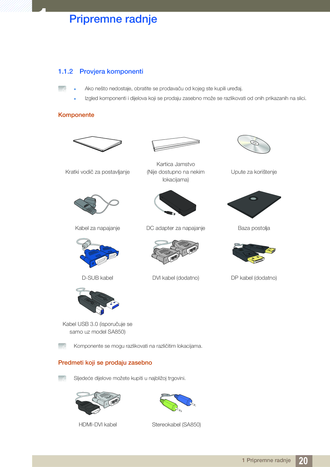 Samsung LS24A850DW/EN, LS27A650DS/EN, LS24A650DS/EN manual Provjera komponenti, Komponente, Predmeti koji se prodaju zasebno 