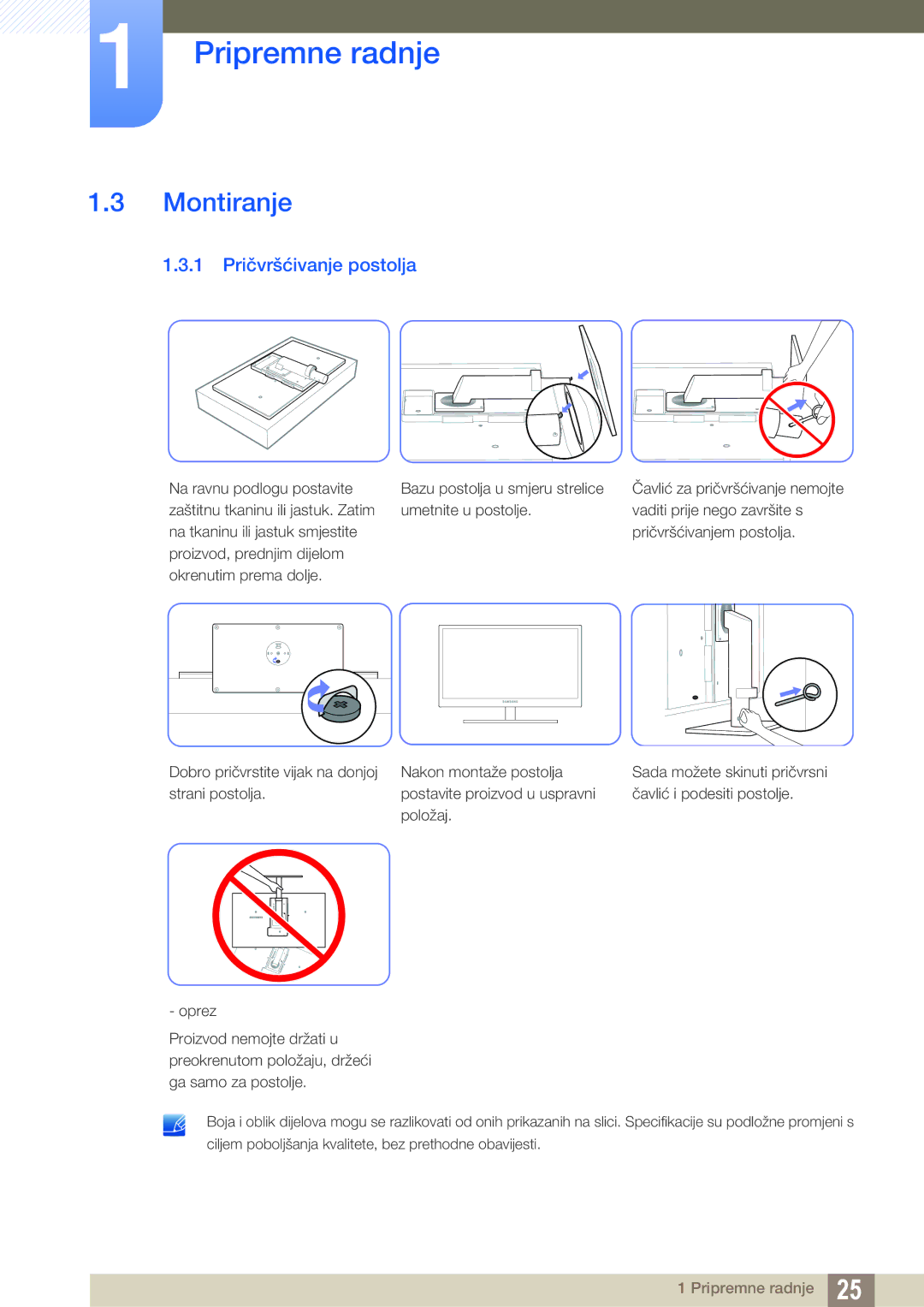 Samsung LS24A650DS/EN, LS27A650DS/EN, LS24A850DW/EN manual Montiranje, 1 Pričvršćivanje postolja 