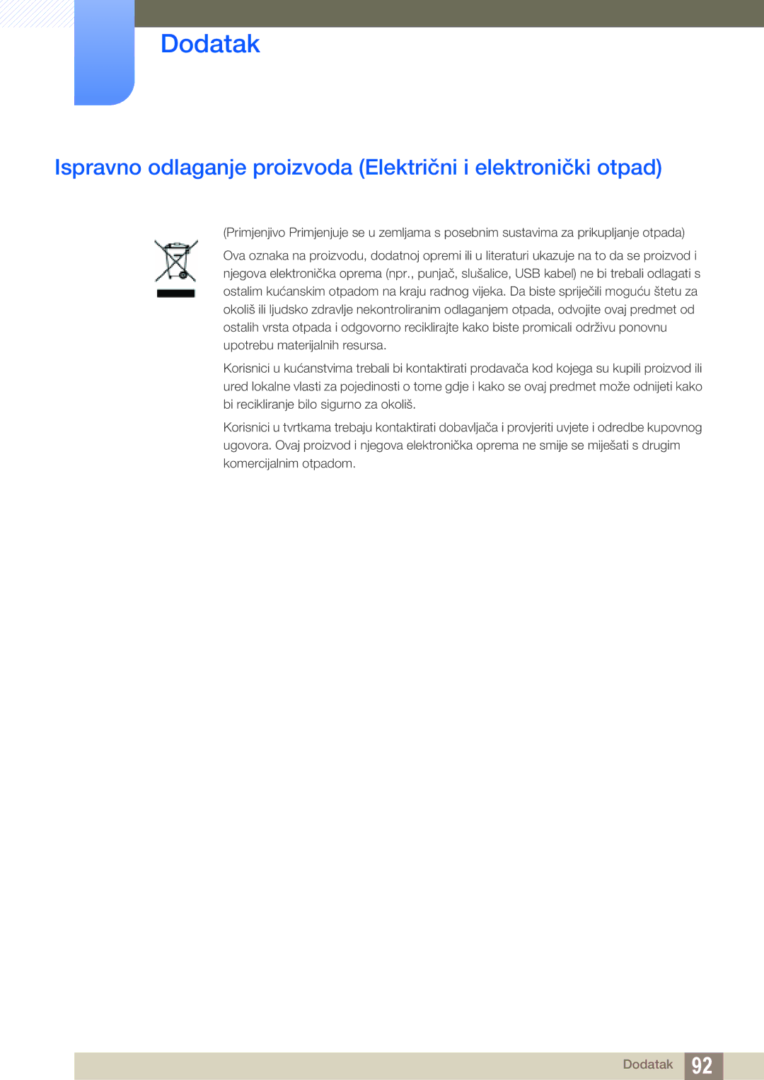 Samsung LS24A850DW/EN, LS27A650DS/EN, LS24A650DS/EN manual Ispravno odlaganje proizvoda Električni i elektronički otpad 