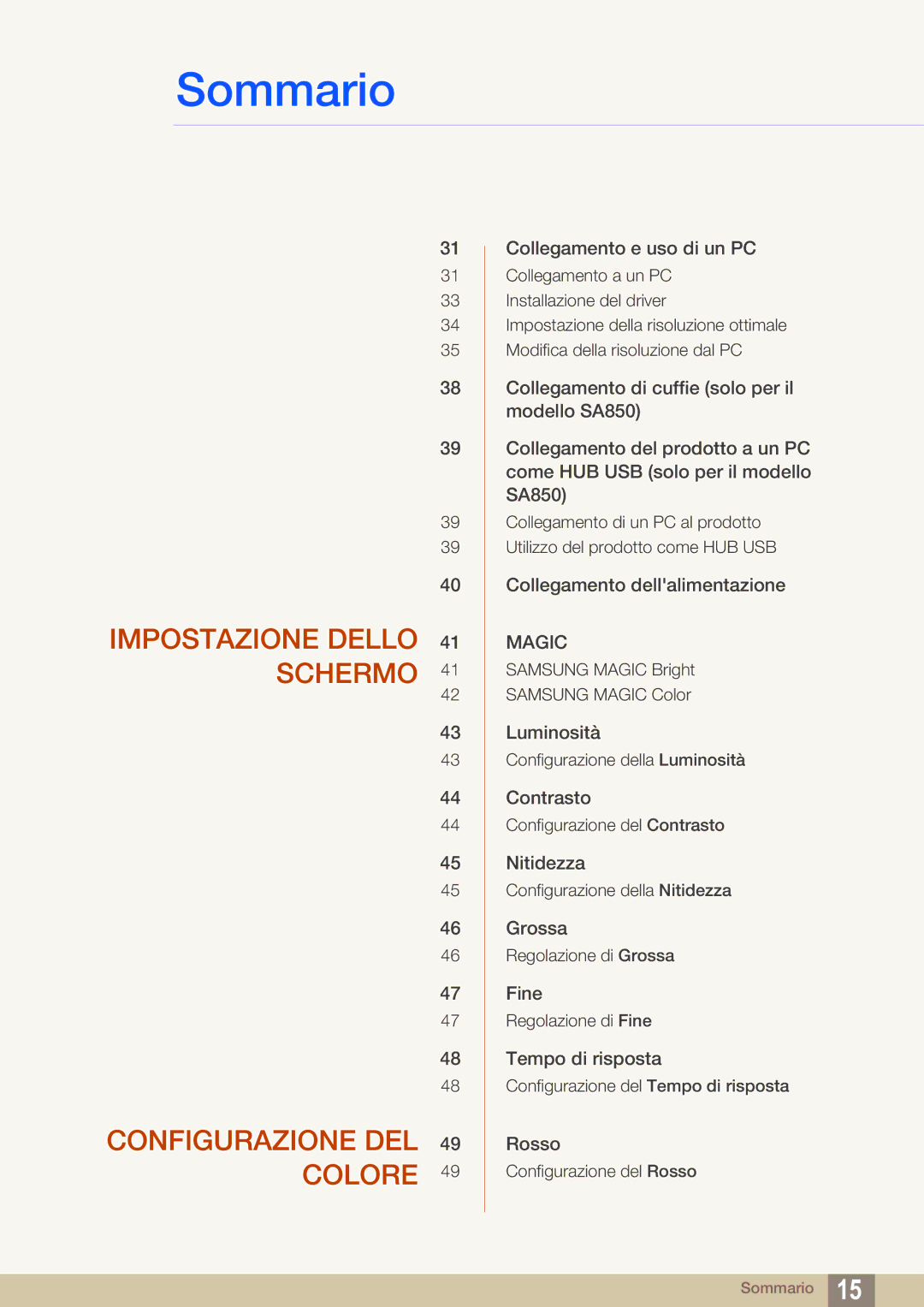 Samsung LS27A650DE/EN, LS27A650DS/EN manual Impostazione Dello 41 Schermo Configurazione DEL 49 Colore 