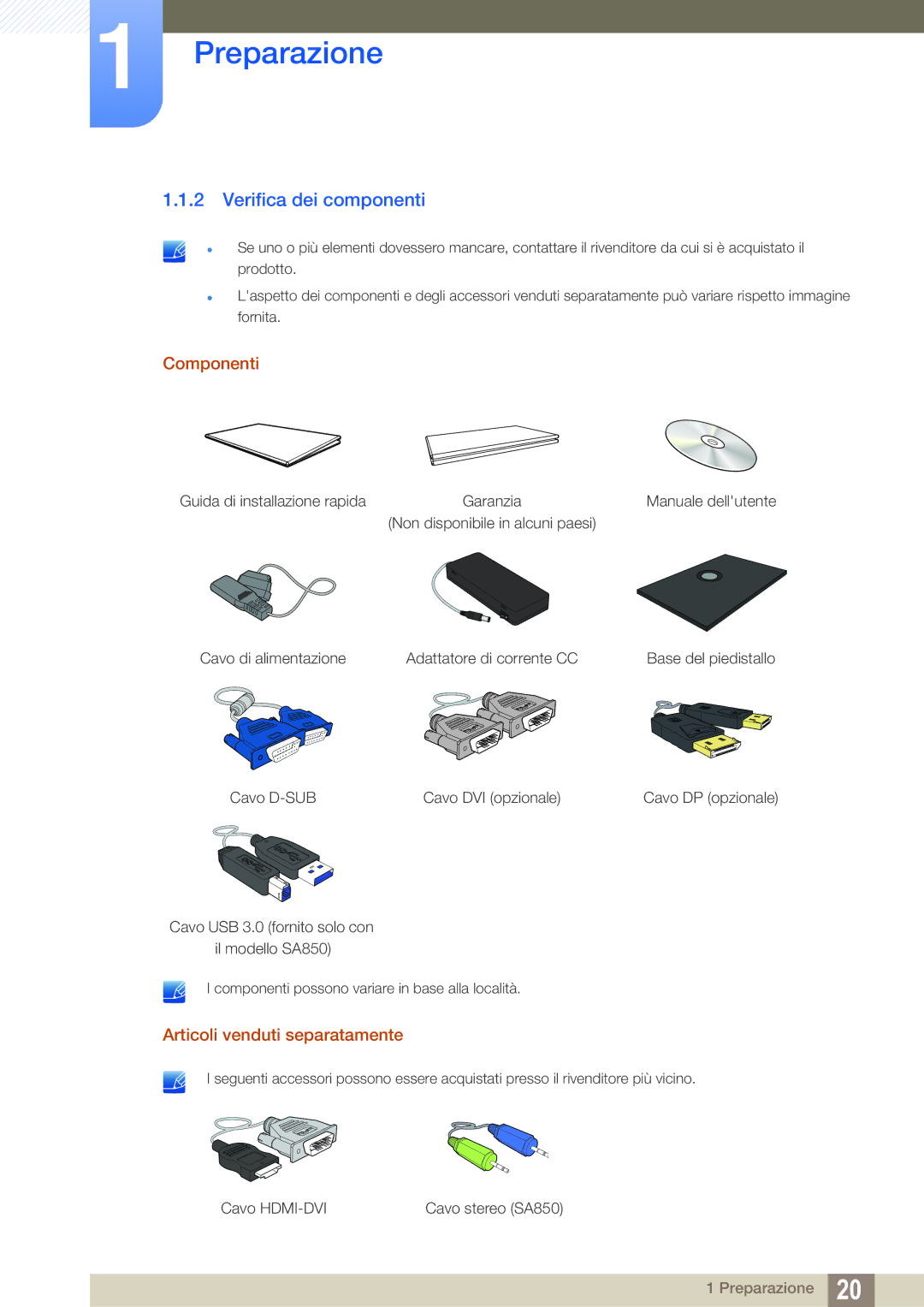 Samsung LS27A650DS/EN, LS27A650DE/EN manual Verifica dei componenti, Componenti, Articoli venduti separatamente 