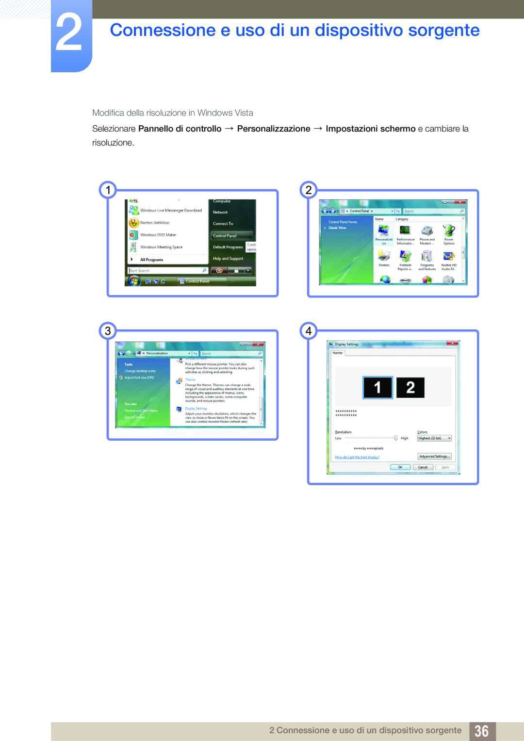 Samsung LS27A650DS/EN, LS27A650DE/EN manual Modifica della risoluzione in Windows Vista 