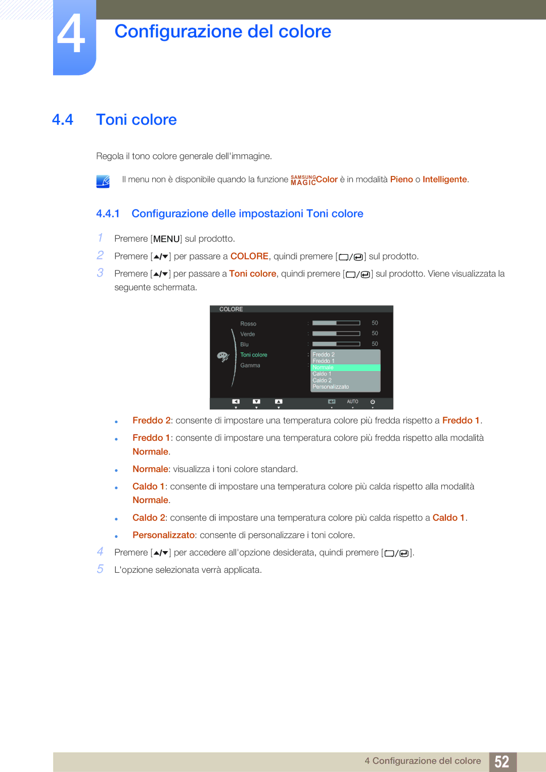 Samsung LS27A650DS/EN, LS27A650DE/EN manual Configurazione delle impostazioni Toni colore 