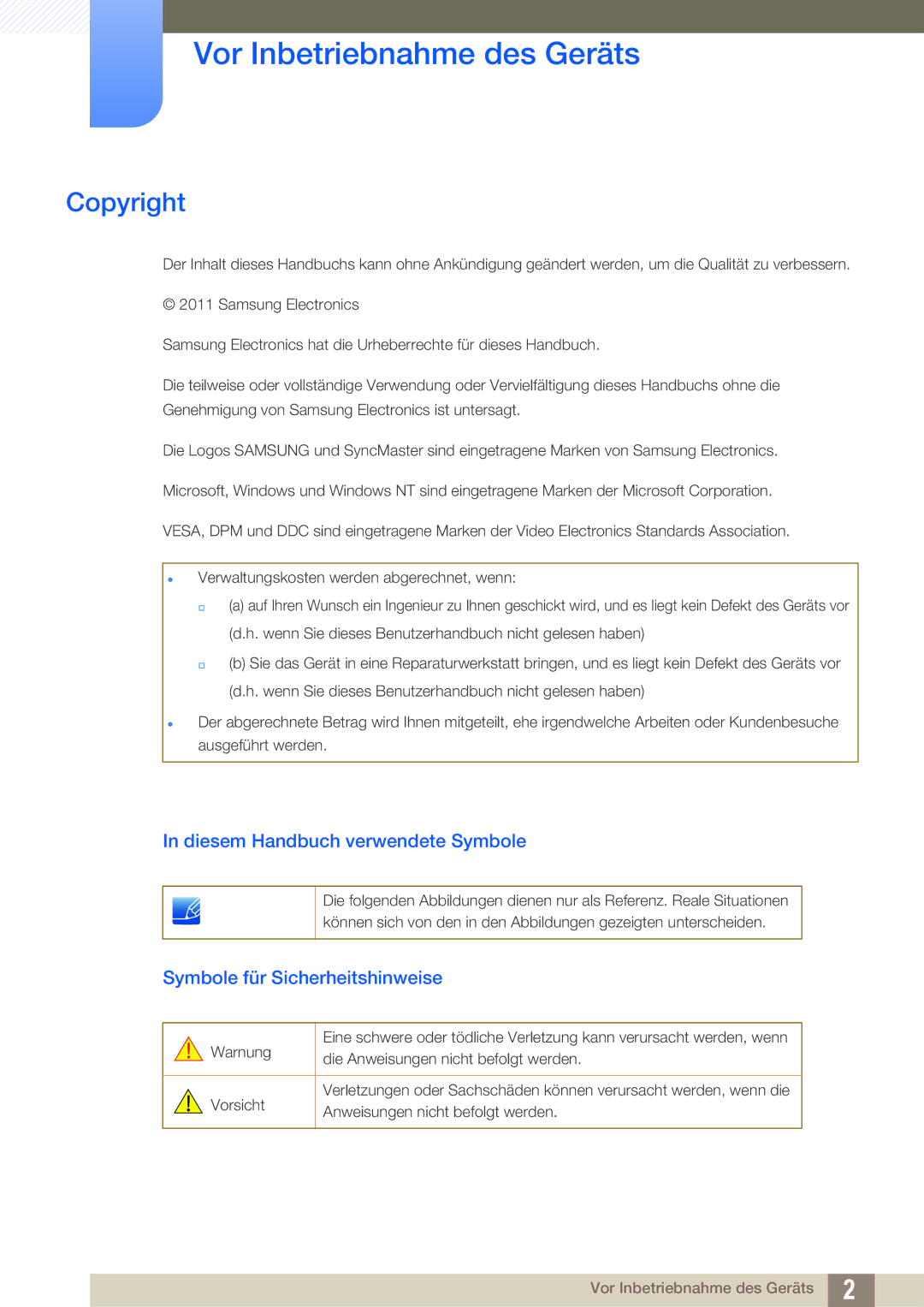 Samsung LS27A650DS/EN, LS27A650DSW/EN manual Vor Inbetriebnahme des Geräts, Copyright, Diesem Handbuch verwendete Symbole 