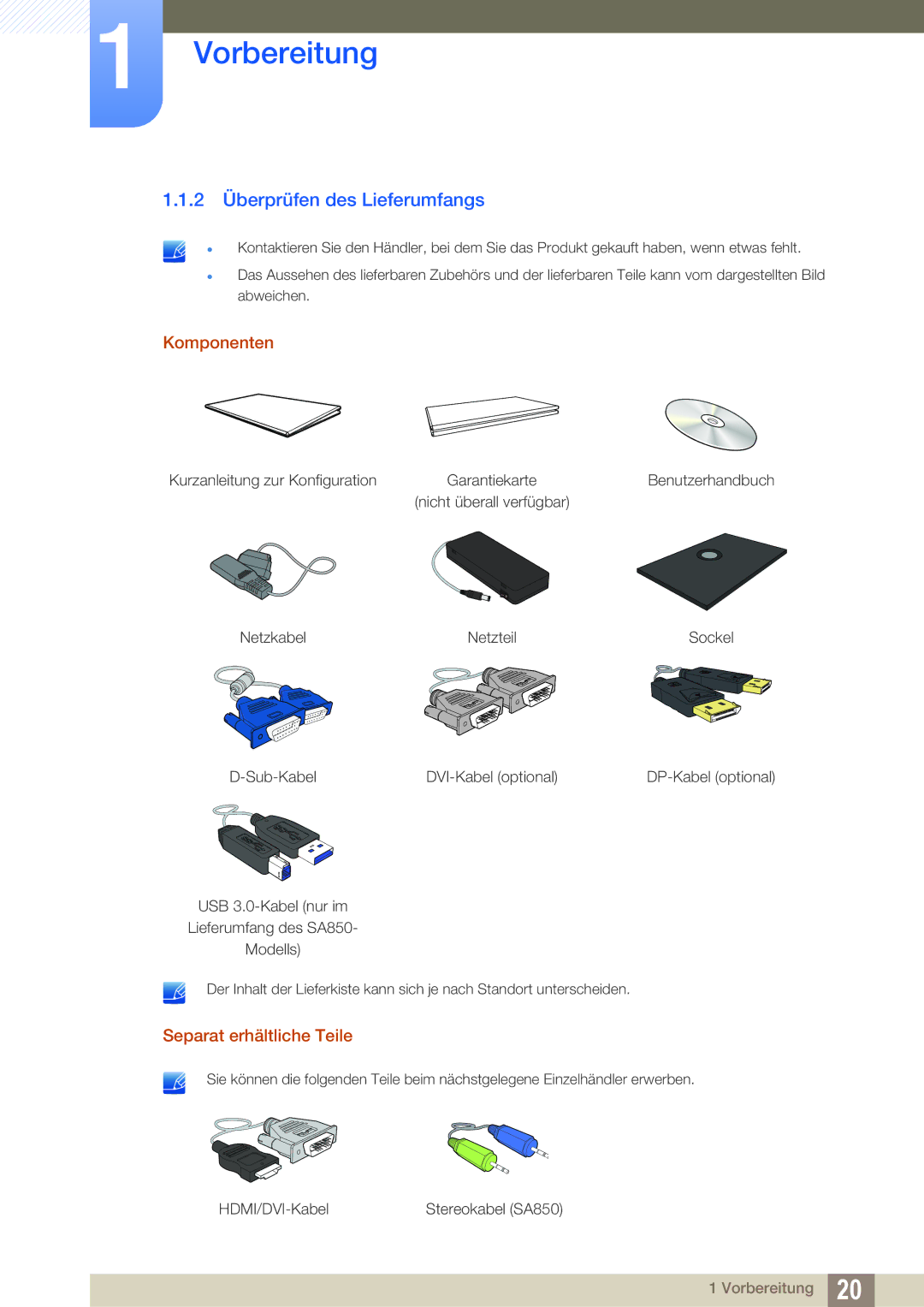 Samsung LS27A650DS/EN, LS27A650DSW/EN, LS24A650DE/EN 2 Überprüfen des Lieferumfangs, Komponenten, Separat erhältliche Teile 