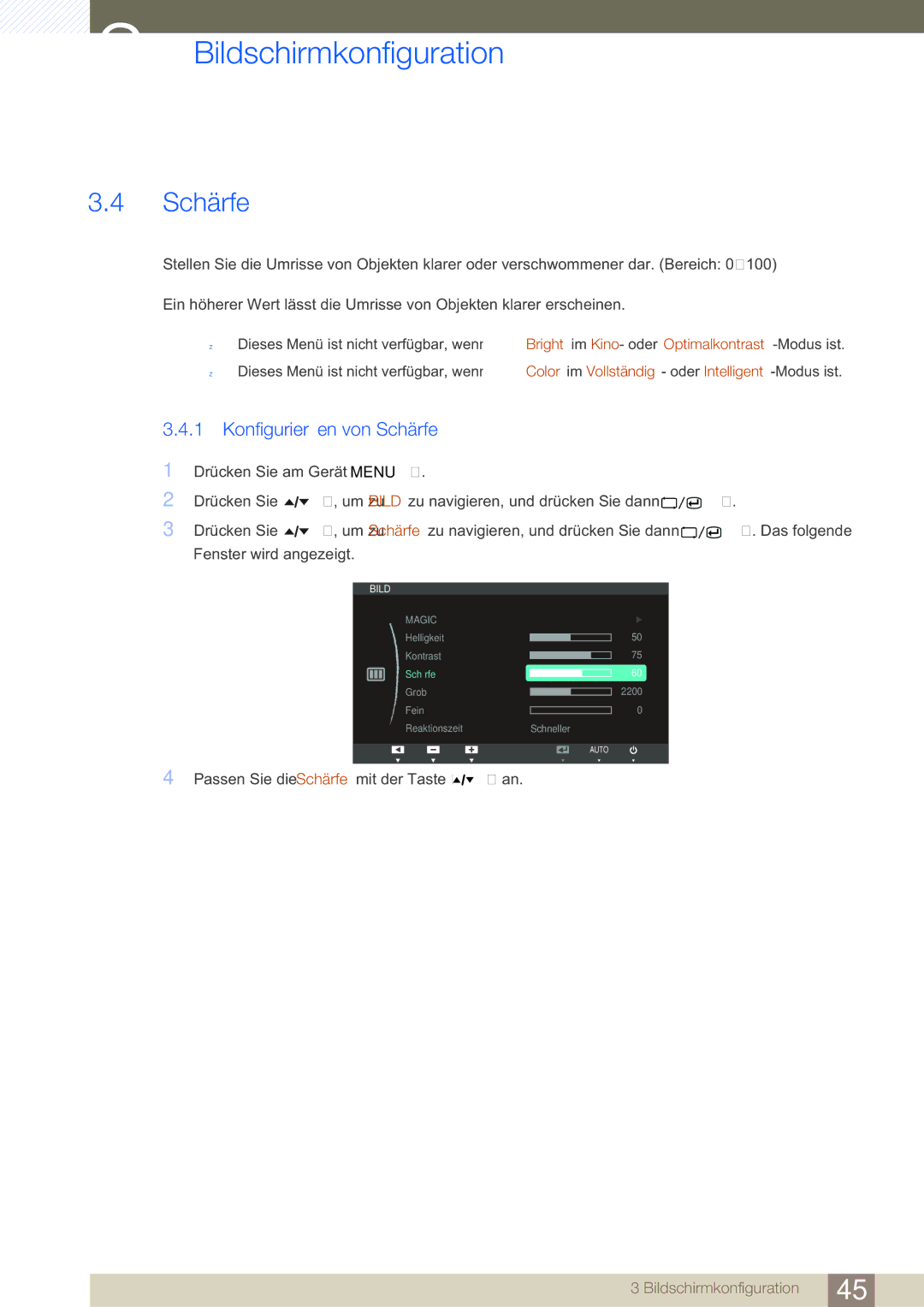 Samsung LS24A650DS/EN, LS27A650DSW/EN, LS24A650DE/EN, LS27A650DS/EN, LS24A850DW/EN manual Konfigurieren von Schärfe 