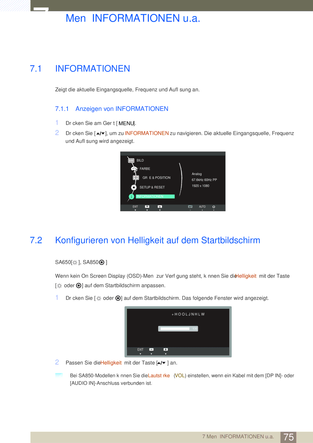 Samsung LS24A650DS/EN, LS27A650DSW/EN manual Menü Informationen u.a, Konfigurieren von Helligkeit auf dem Startbildschirm 