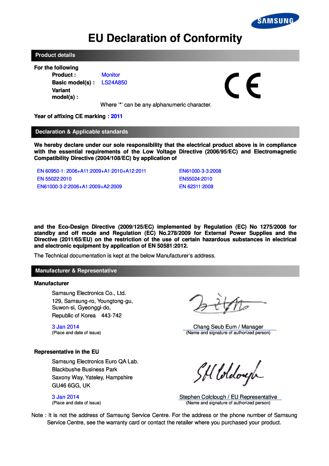 Samsung LS24A650DS/XJ manual EU Declaration of Conformity, Product details, Declaration & Applicable standards, 3 Jan 