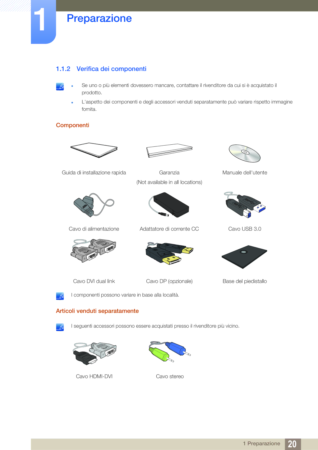 Samsung LS27A850DS/EN manual Verifica dei componenti, Componenti, Articoli venduti separatamente 