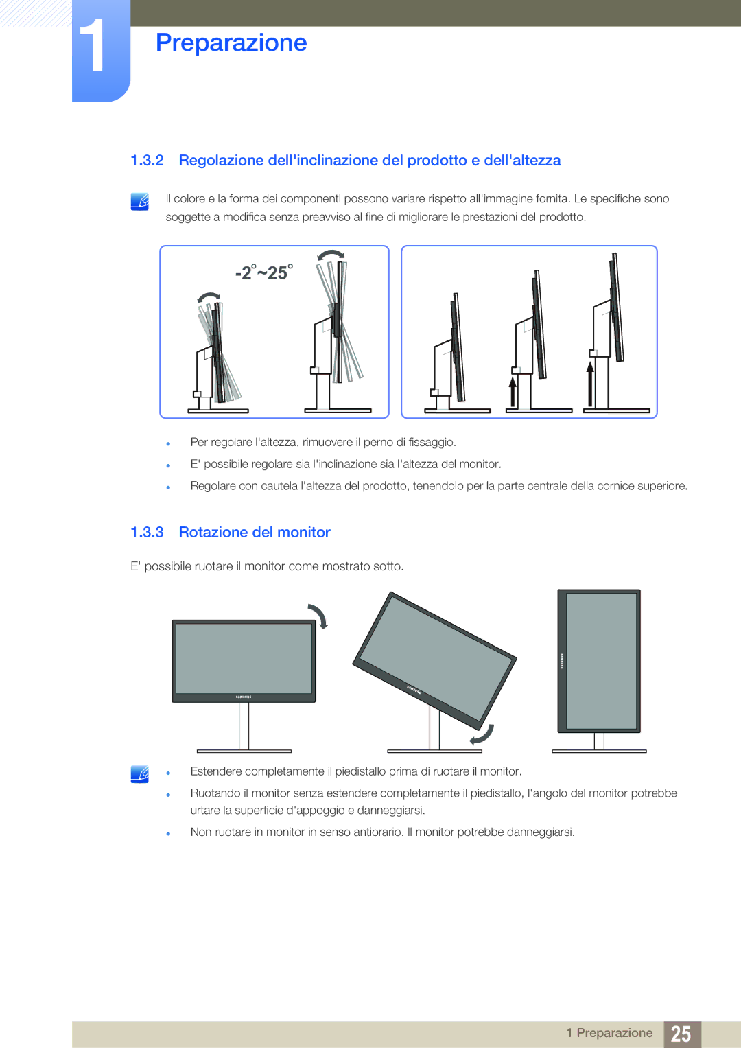 Samsung LS27A850DS/EN manual Regolazione dellinclinazione del prodotto e dellaltezza, Rotazione del monitor 