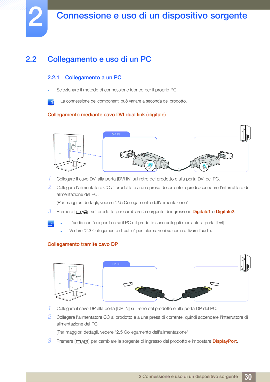 Samsung LS27A850DS/EN Collegamento e uso di un PC, Collegamento a un PC, Collegamento mediante cavo DVI dual link digitale 