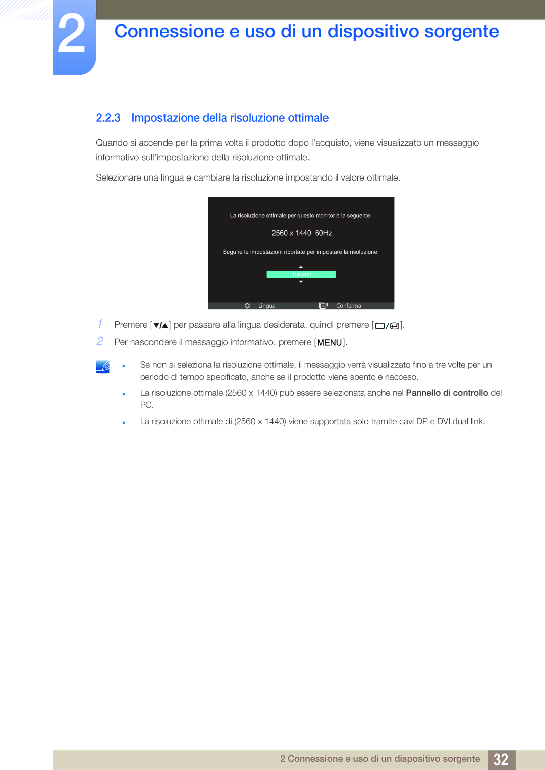 Samsung LS27A850DS/EN manual Impostazione della risoluzione ottimale 