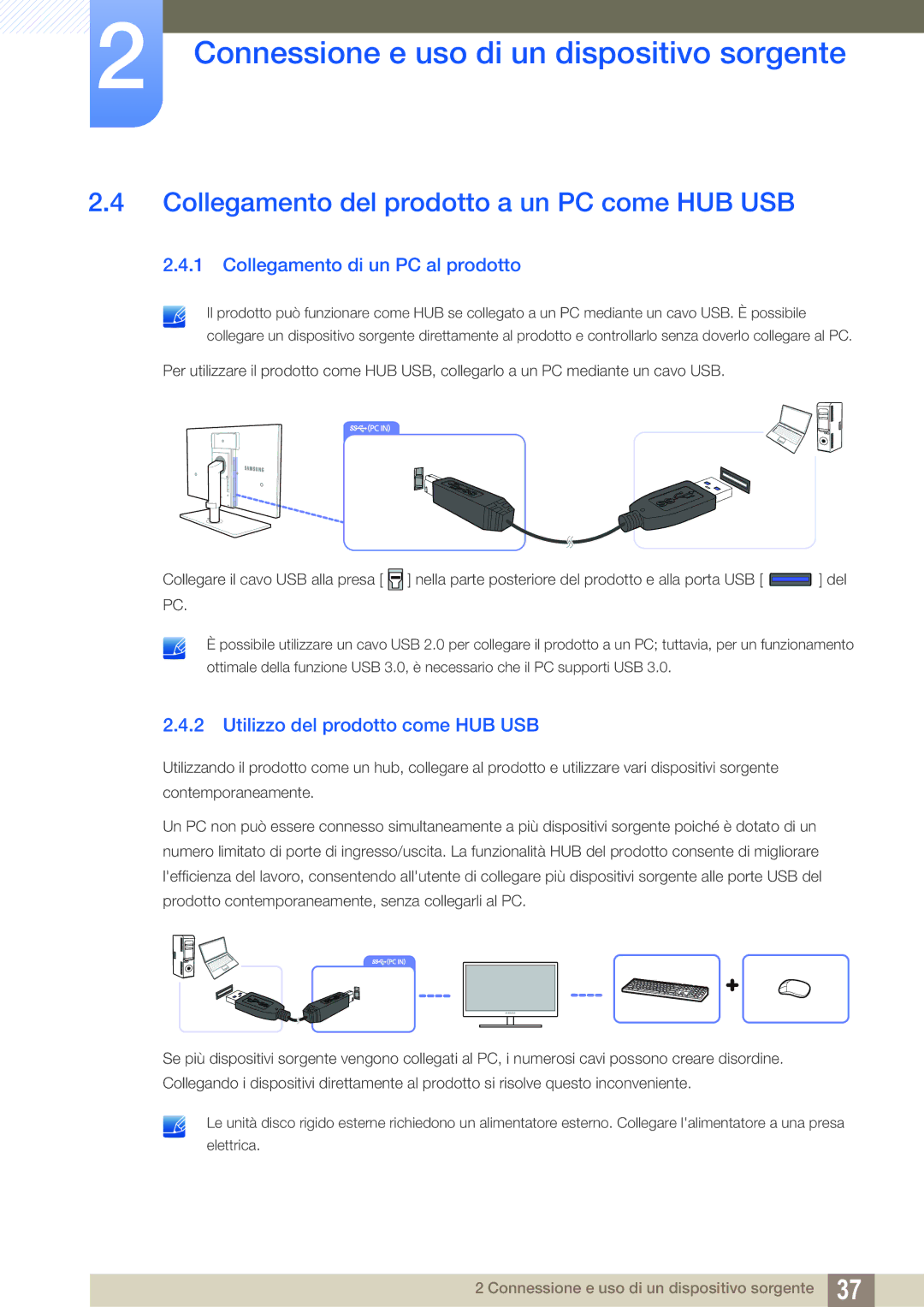 Samsung LS27A850DS/EN manual Collegamento del prodotto a un PC come HUB USB, Collegamento di un PC al prodotto 