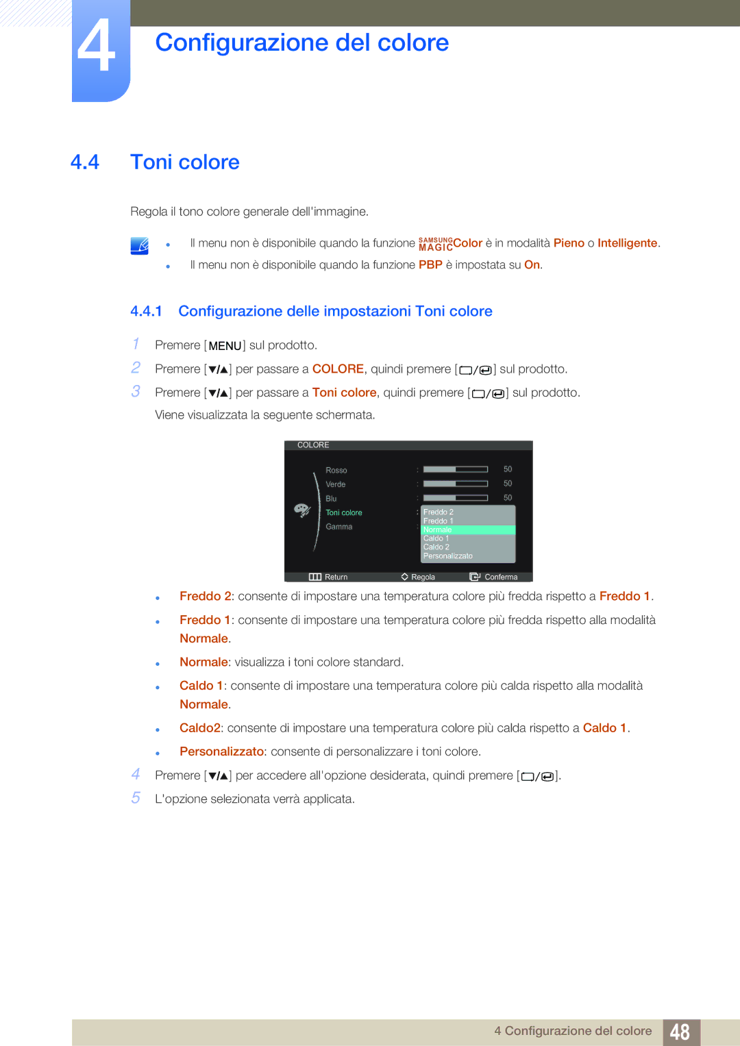 Samsung LS27A850DS/EN manual Configurazione delle impostazioni Toni colore 