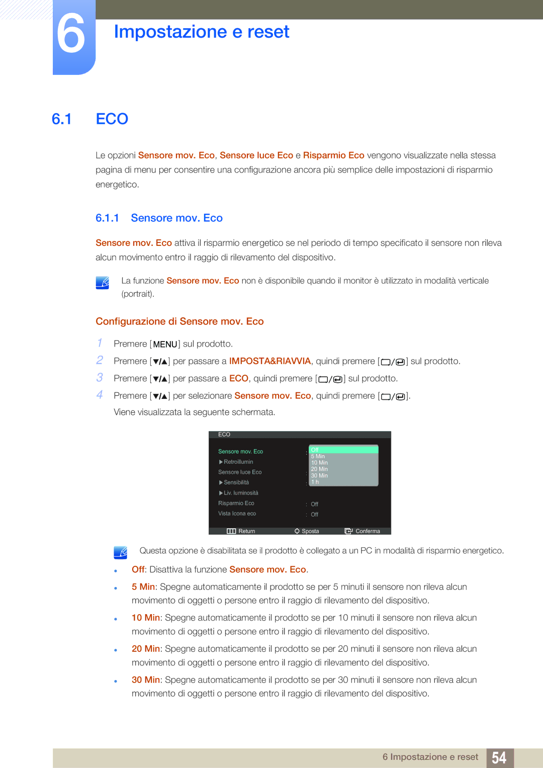 Samsung LS27A850DS/EN manual Impostazione e reset, Configurazione di Sensore mov. Eco 