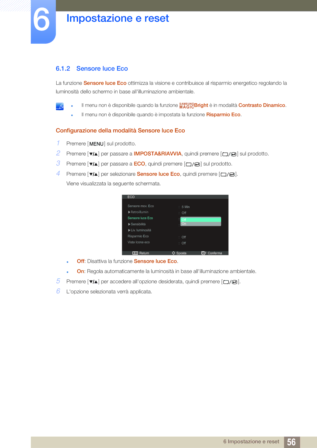 Samsung LS27A850DS/EN manual Configurazione della modalità Sensore luce Eco 