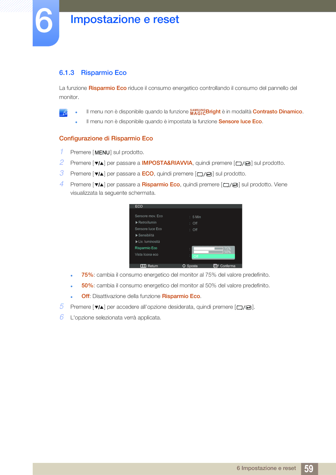 Samsung LS27A850DS/EN manual Configurazione di Risparmio Eco 