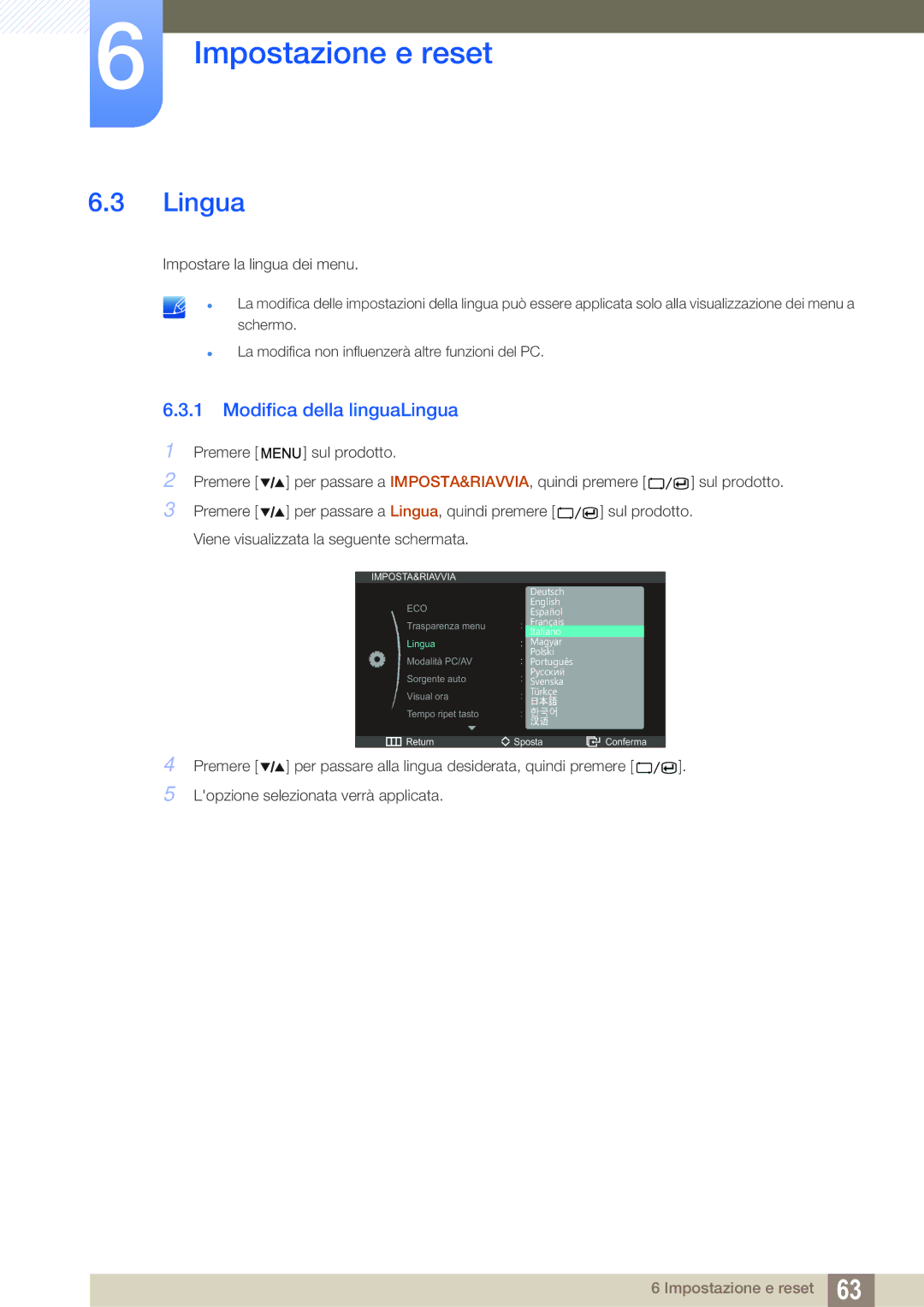 Samsung LS27A850DS/EN manual Modifica della linguaLingua 