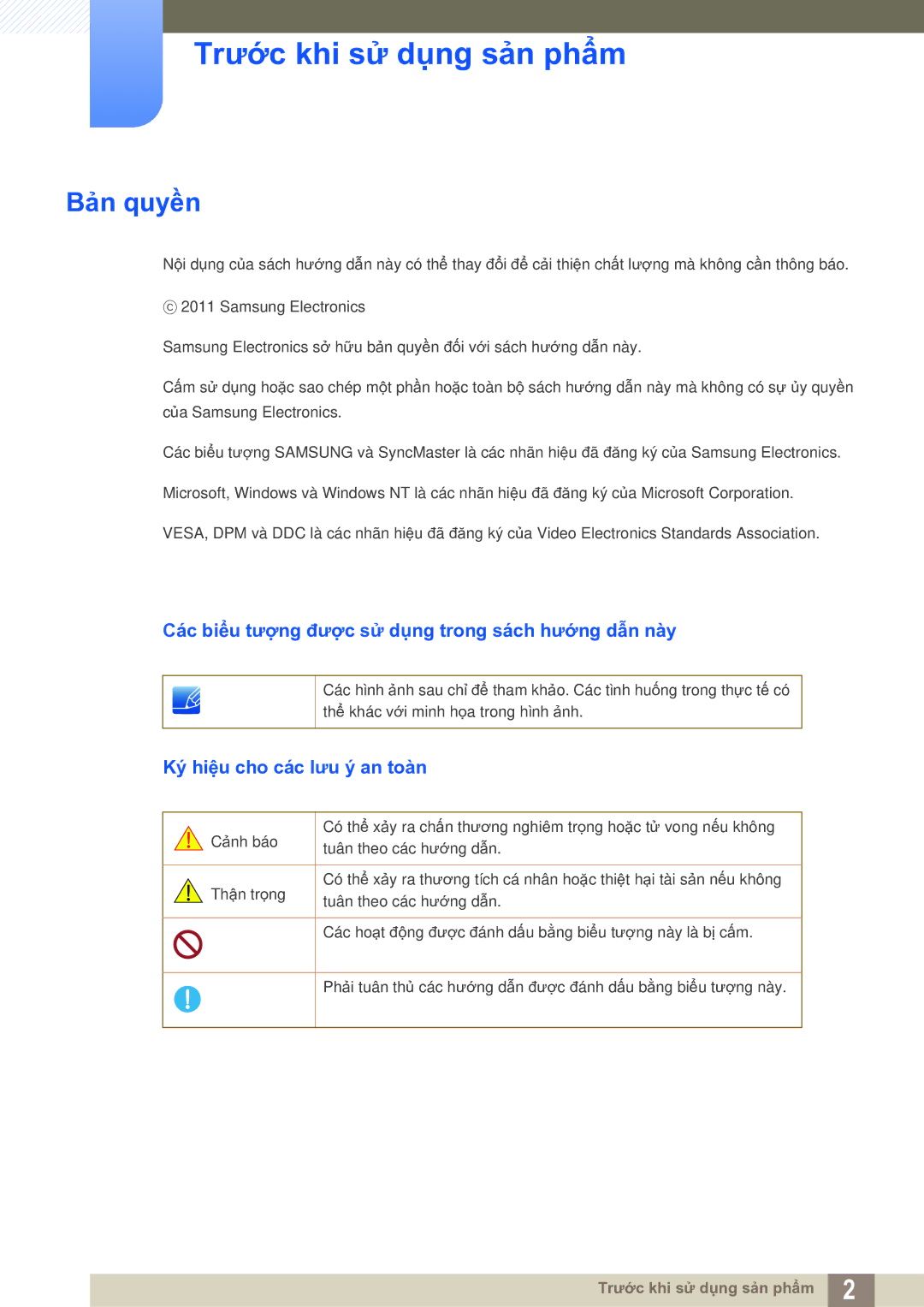 Samsung LS27A850DS/EN manual Trước khi sử dụng sản phẩm, Bản quyền, Các biểu tượng được sử dụng trong sách hướng dẫn này 