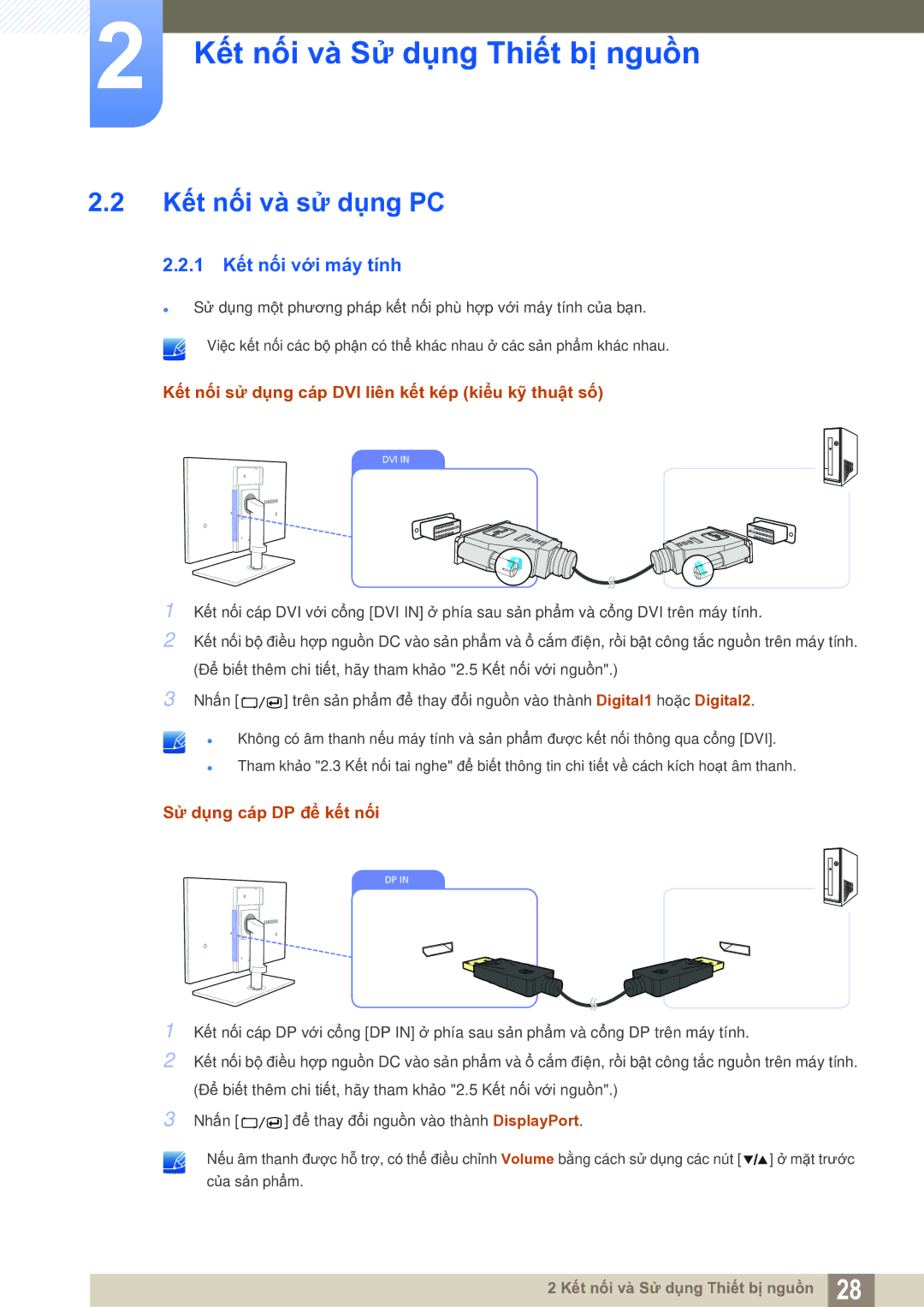 Samsung LS27A850DS/EN Kết nối và sử dụng PC, 1 Kết nối với máy tính, Kết nối sử dụng cáp DVI liên kết kép kiểu kỹ thuật số 