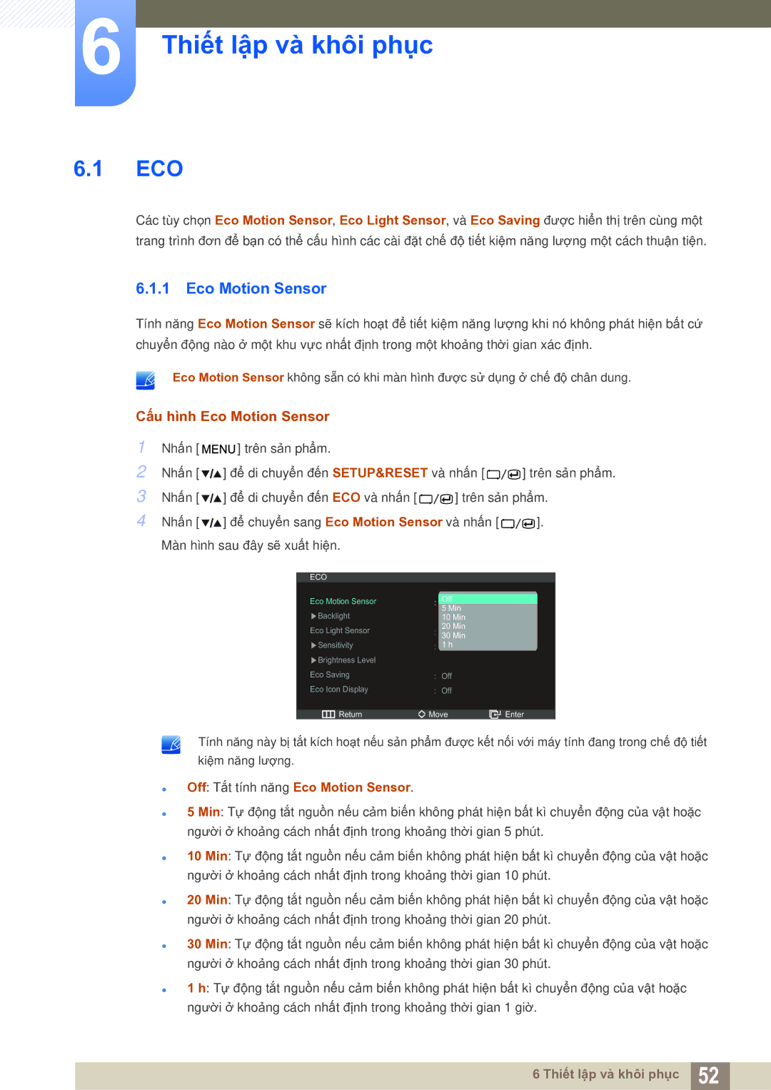 Samsung LS27A850DS/EN manual Thiết lập và khôi phục, Cấu hình Eco Motion Sensor 