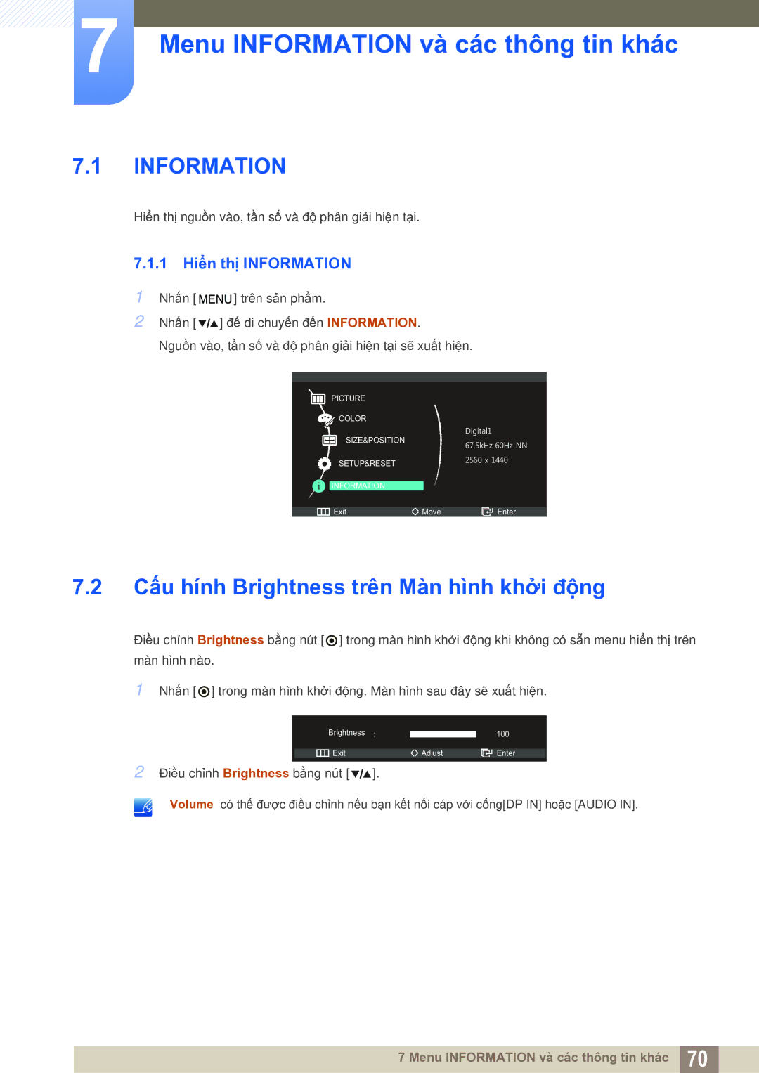 Samsung LS27A850DS/EN manual Menu Information và các thông tin khác, Cấu hính Brightness trên Màn hình khởi động 