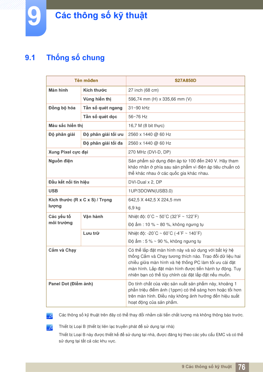 Samsung LS27A850DS/EN manual Các thông số kỹ thuật, Thống số chung 